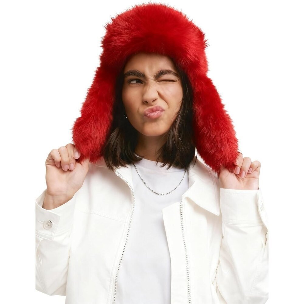 Women's Red Faux Fur Ski Trooper Winter With Earflap Classic Snow Ushanka Cap